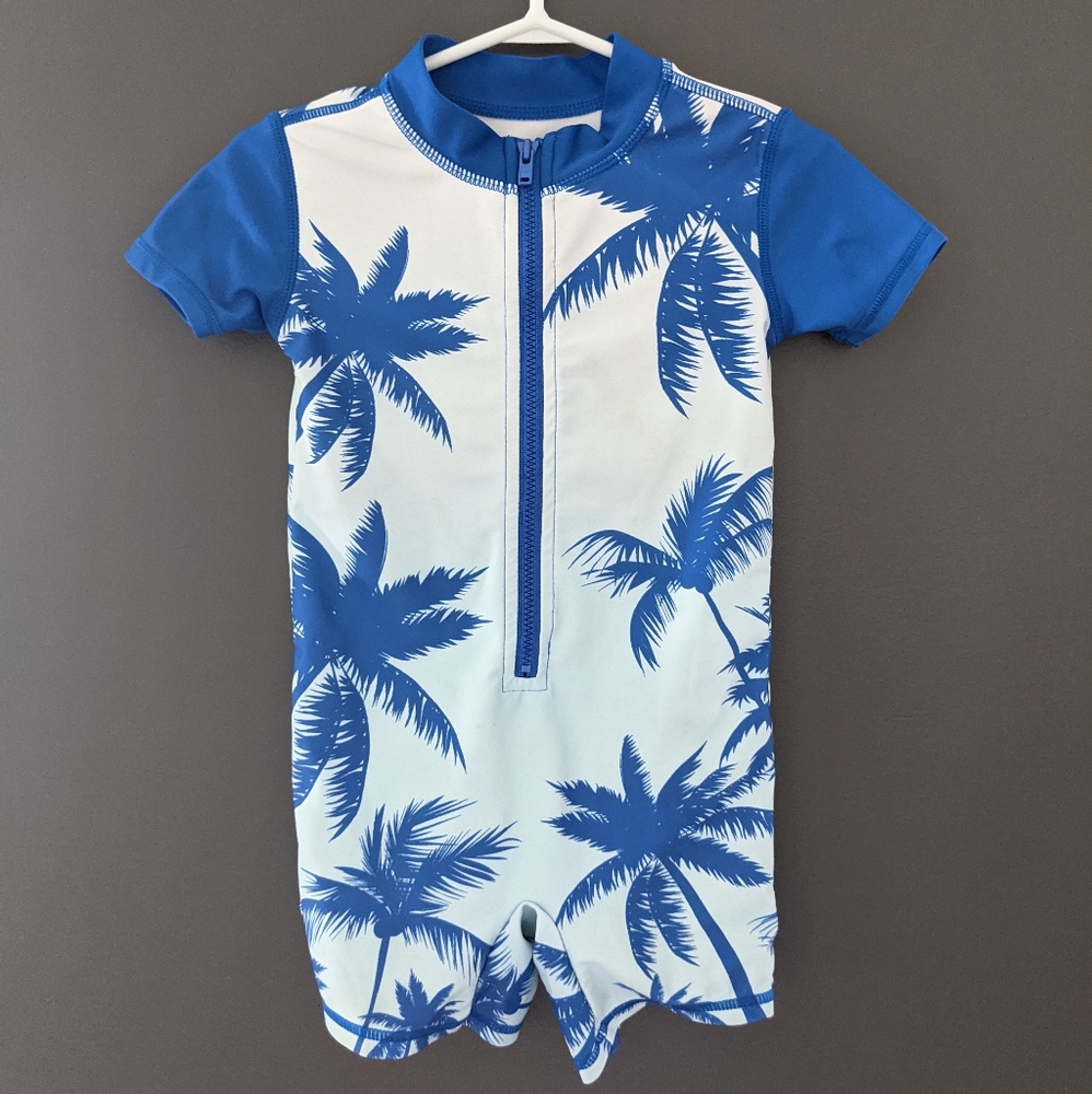 Blue palm tree print one piece rashguard swimsuit